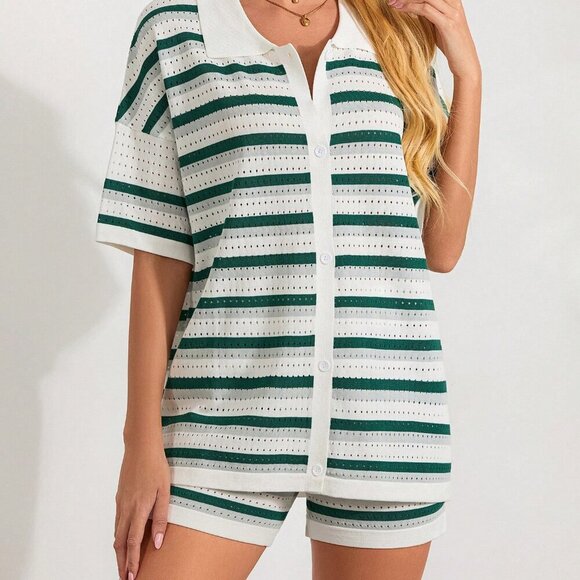 Dark Green Casual Women's Stripe Button Crochet Knit Tops And Shorts Sets - Picture 5 of 10